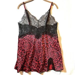 Victorias‎ Secret L Large Red Animal Print Satin Black Lace Mini Slip Dress